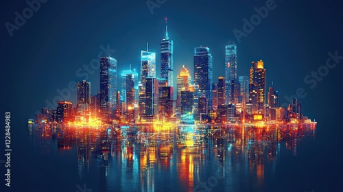 Wallpaper Mural Neon Cityscape: A vibrant metropolis reflected in still waters at night. Torontodigital.ca