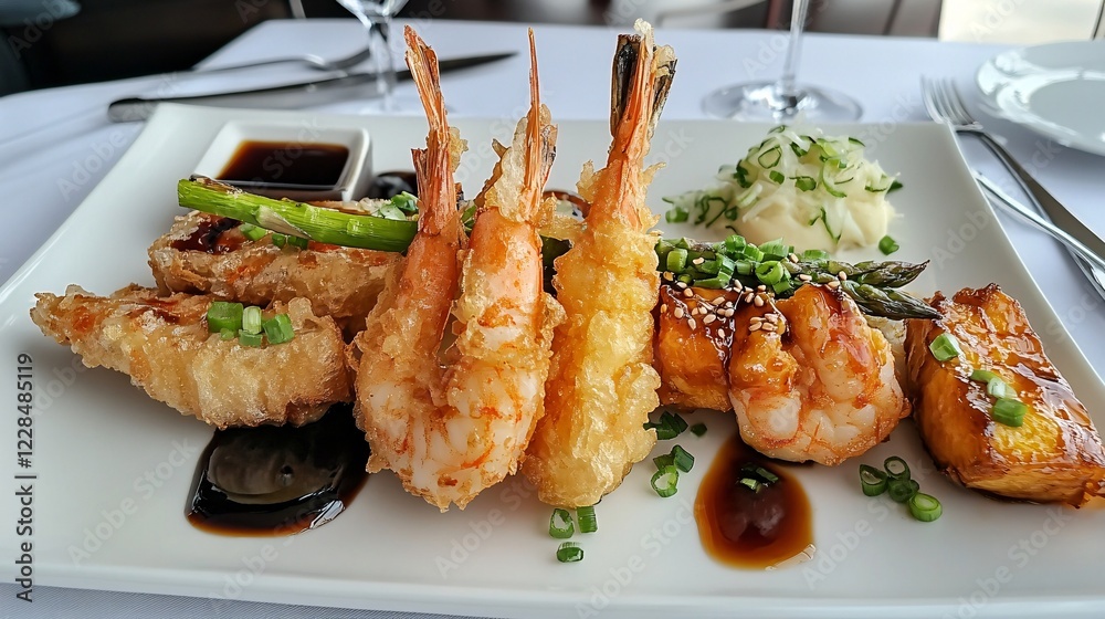 A beautiful tempura platter with shrimp, asparagus, and yam, elegantly presented with a drizzle of soy sauce and garnished with green onions A beautiful tempura platter with shrimp, asparagus, and yam, elegantly presented with a drizzle of soy sauce and garnished with green onions