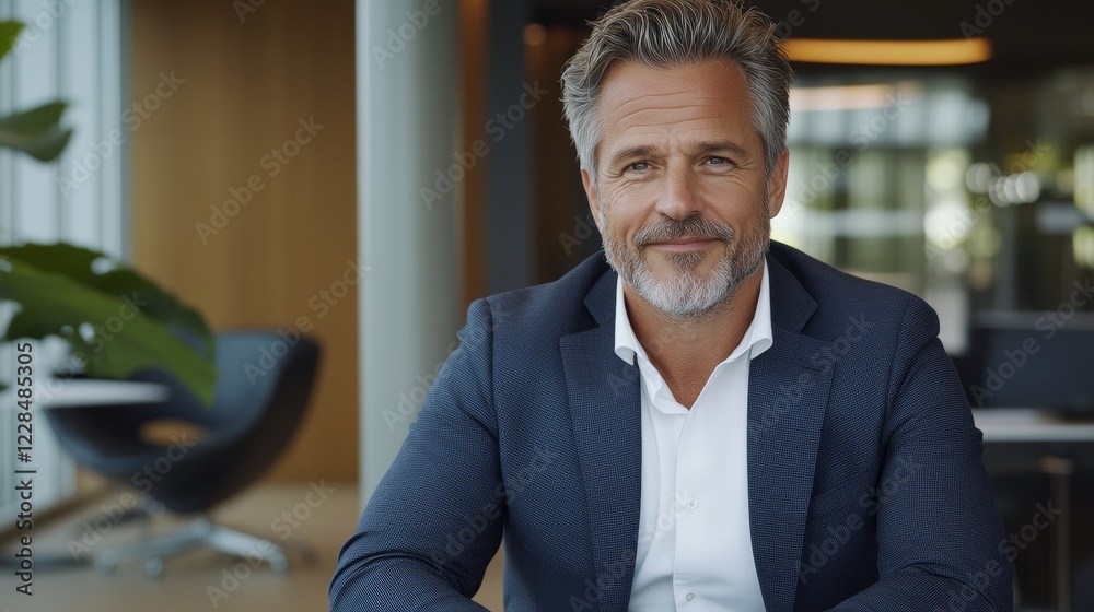 Obraz premium A Cheerful Professional Man Engaged in Business Technology While Working on His Laptop at a Modern Office Table, Embracing Innovative Solutions