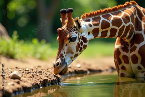 Giraffe drinking from waterhole , giraffe, watercolor