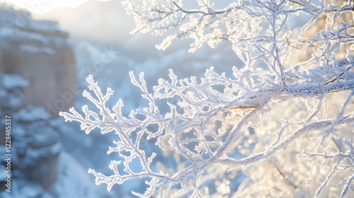 Frosty branches sway gently in the winter wind, frozen scenery, frozen canyon. Frosty Canyon. Illustration