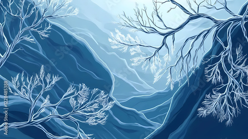 Frosty branches sway gently in the winter wind, frozen scenery, frozen canyon. frozen canyon. illustration. Frosty Canyon. Illustration