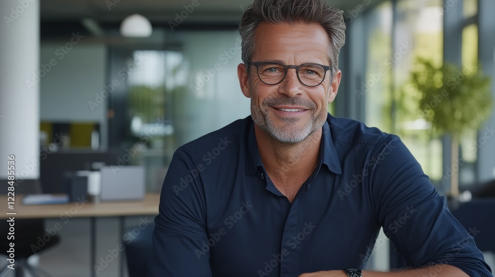 Naklejka premium A Joyful Professional in a Modern Office Setting Wearing Glasses While Engaging in Business Technology Discussions at the Table