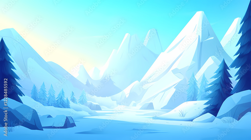 Fototapeta premium Frosty morning light illuminates canyon scene, mountain, frost. Frosty Canyon. Illustration