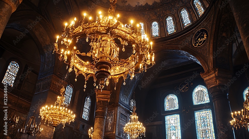 Obraz premium Magnificent Chandeliers Illuminating the Interior of a Mosque