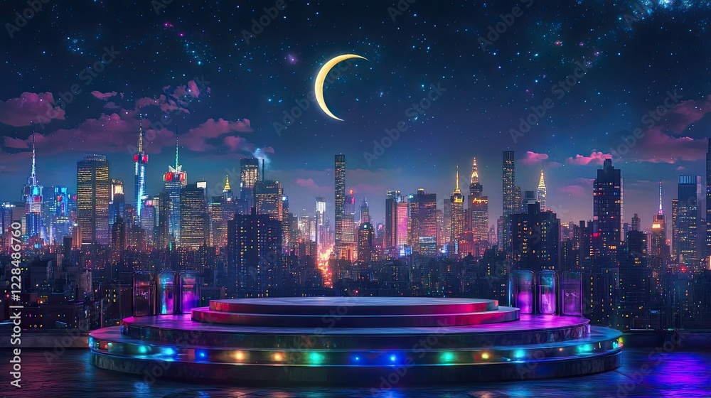 Obraz premium Night Cityscape under Crescent Moon