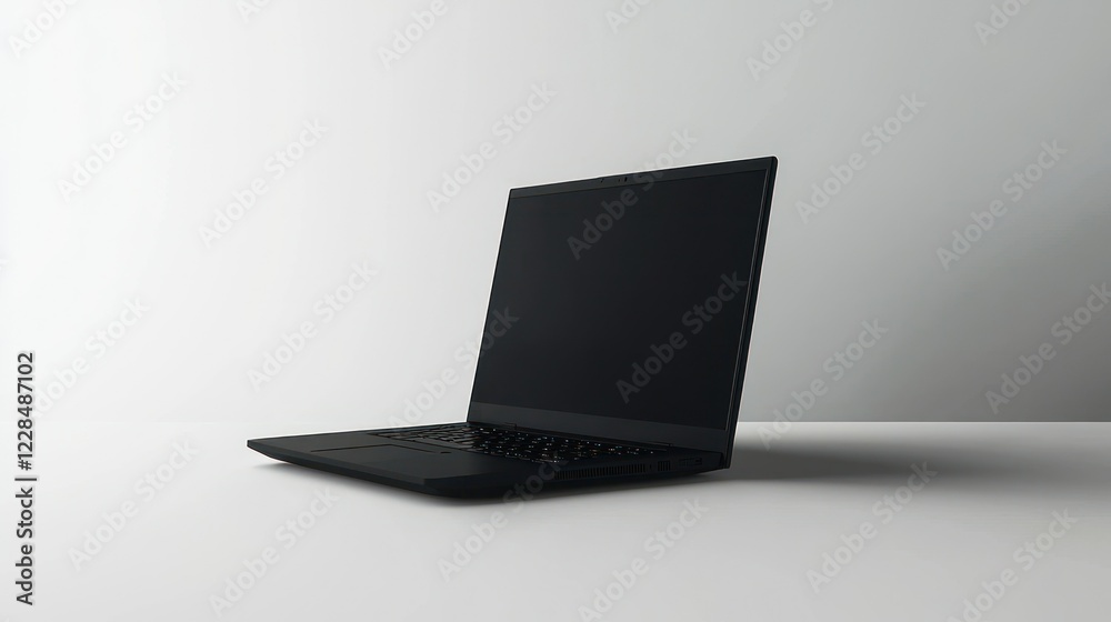 Fototapeta premium Black laptop on white table, blank screen, minimal background, for mockups
