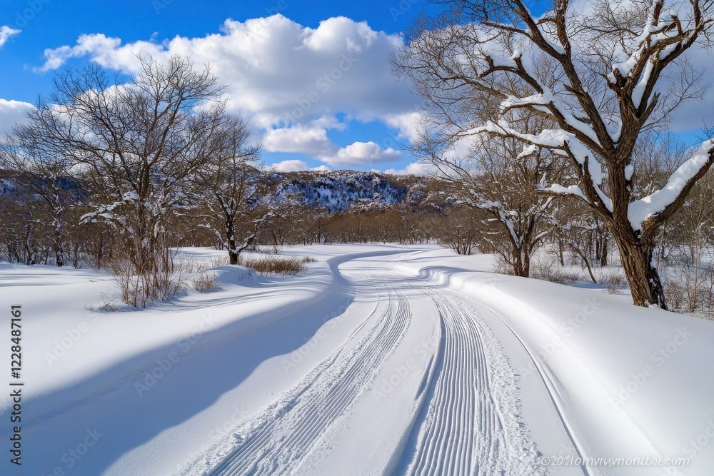 Obraz premium Snowy Winter Road Through Scenic Forest Landscape with Blue Sky and Fluffy Clouds