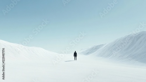 Solitary figure standing in a vast, snowy landscape under a clear blue sky, evoking tranquility