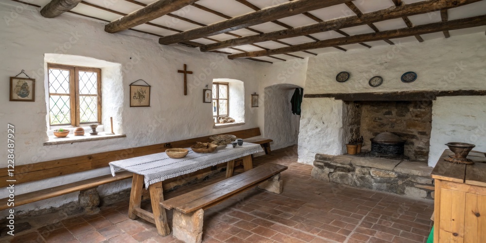 Rustic interior of a cozy farmhouse kitchen with a wooden table and stone fireplace Rustic interior of a cozy farmhouse kitchen with a wooden table and stone fireplace