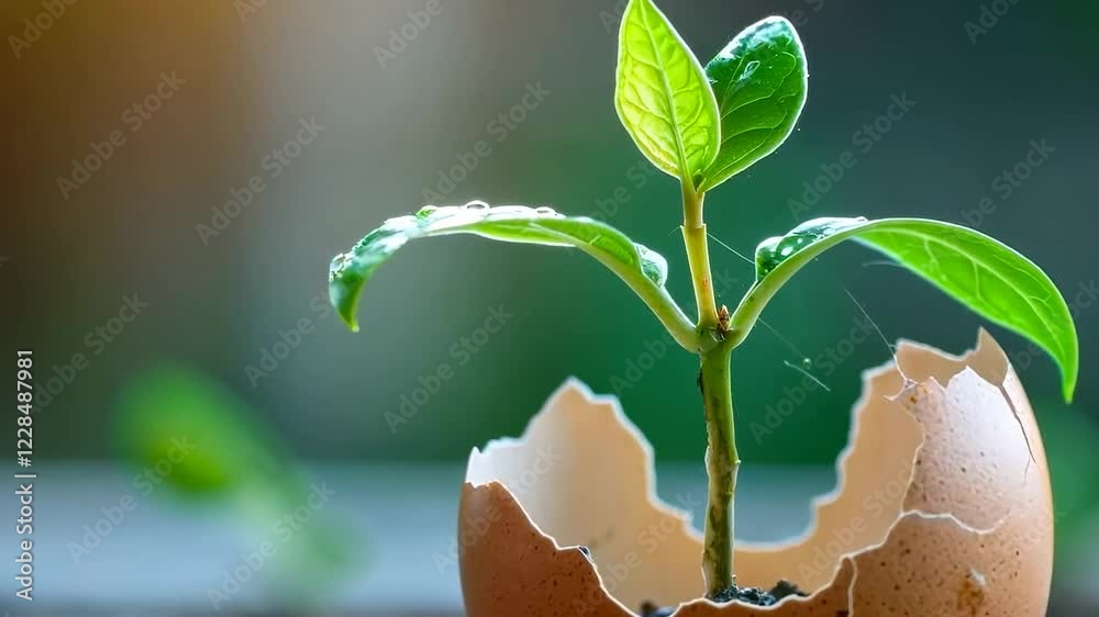 A small plant growing from an eggshell filled with soil, symbolizing sustainability, eco-friendliness, and the renewal of life for Earth Day.