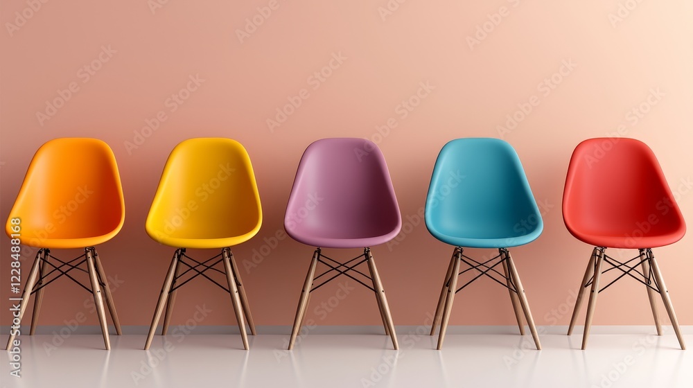 Obraz premium Diverse, colorful chairs in a row against a simple wall, artistic and eye-catching, ideal for banners with ample copy space