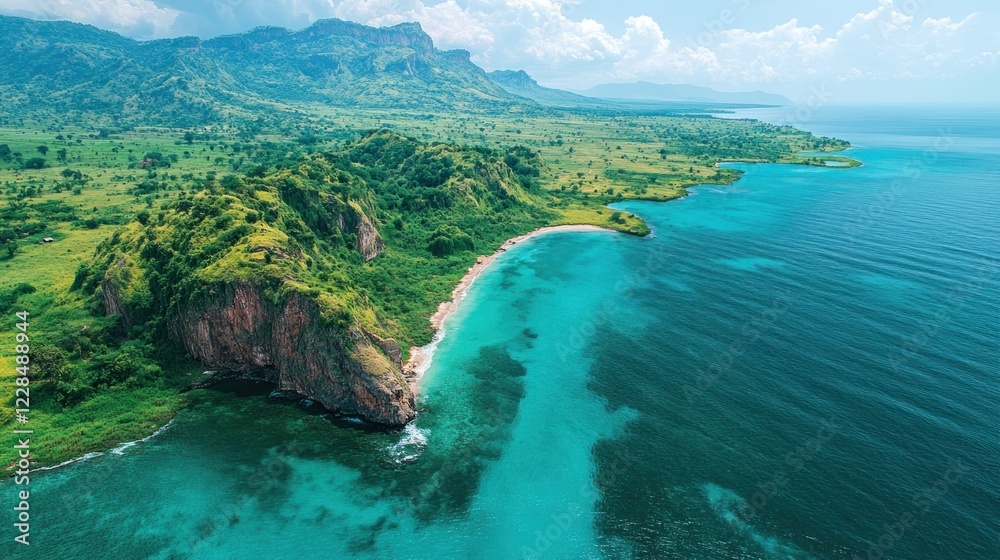 Fototapeta premium Stunning aerial view of lush green hills meeting a turquoise ocean bay