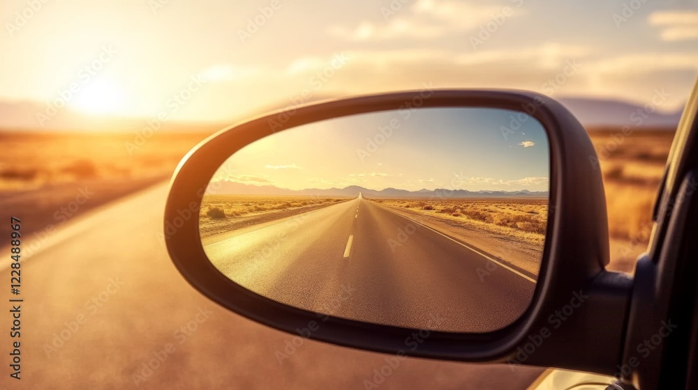 Fototapeta premium Driving along a wide-open road at sunset with a scenic view in the side mirror