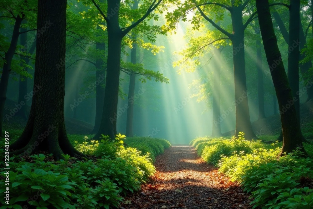 Obraz premium Misty forest path unwinding, mist, forest