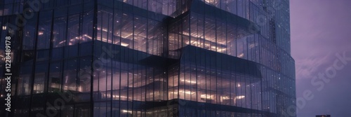 Modern glass skyscraper at dusk with LED lights and reflections, led lights, night sky
