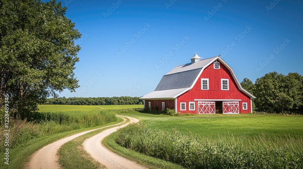 Red Barn Surrounded by Lush Green Fields Under Clear Blue Sky Red Barn Surrounded by Lush Green Fields Under Clear Blue Sky