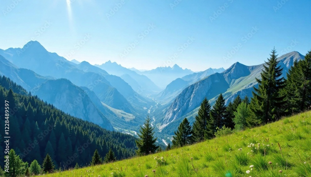 Fototapeta premium Mountains and trees under clear blue sky, mountains, scenery