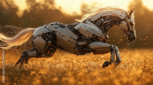A robotic horse gallops through an autumnal field. AI.