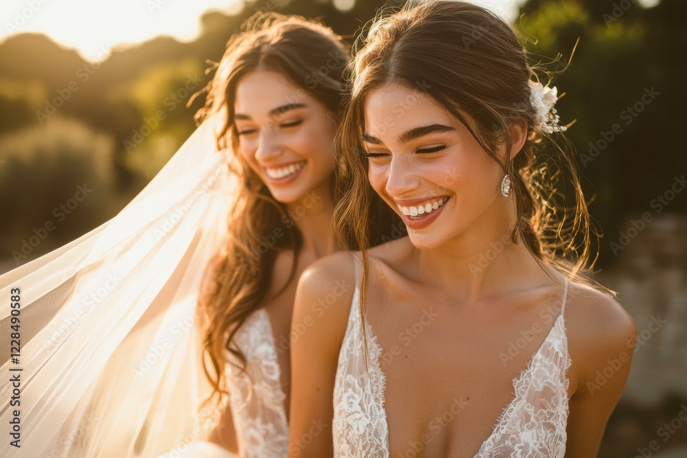Two brides smiling in the golden sunlight. AI. Two brides smiling in the golden sunlight. AI.