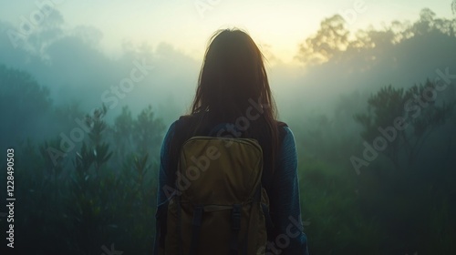Woman with backpack walking through a dense forest trail surrounded by lush green trees
