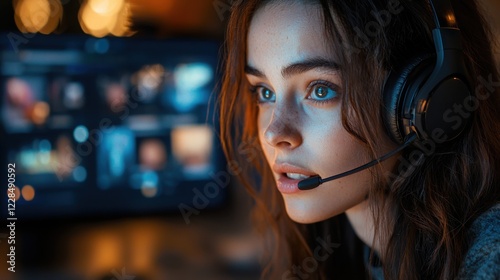 Focused young woman gamer wearing headset playing video game in modern room with gaming setup