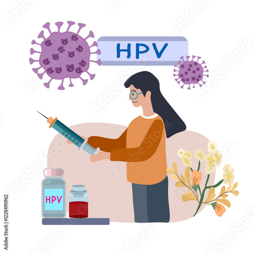 HPV vaccination for girls, hand drawn line drawing, Concept Prevent HPV infection by vaccination before getting infected.