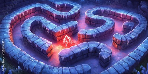 Mysterious Glowing Crystal in Enchanted Stone Maze at Night with Eerie Blue and Purple Atmosphere - Immersive Fantasy Adventure Mystery Landscape Art photo
