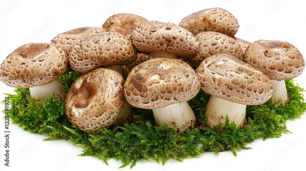 Brown mushrooms on moss bed, isolated on white Brown mushrooms on moss bed, isolated on white