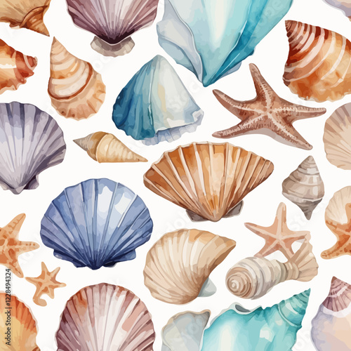 collection of watercolor seashells isolated on white background. Ocean marine sea element graphic design. Vector illustration