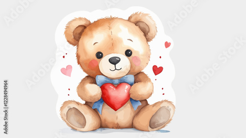 Set of cute watercolor teddy bears holding hearts. A symbol of confession of love, St. Valentine's Day, etc. Watercolor romantic elements.	