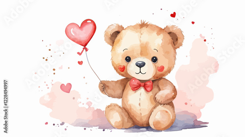 Set of cute watercolor teddy bears holding hearts. A symbol of confession of love, St. Valentine's Day, etc. Watercolor romantic elements.	