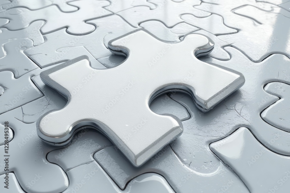 A single silver puzzle piece rests atop a field of others A single silver puzzle piece rests atop a field of others
