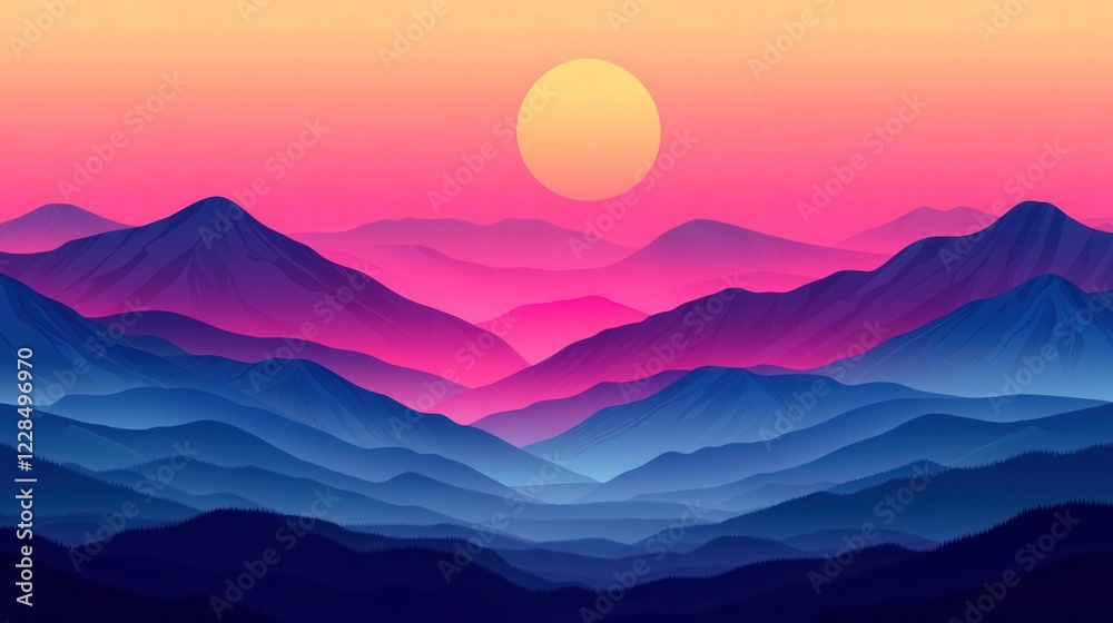 Vibrant sunset over layered mountains with colorful sky and serene atmosphere Vibrant sunset over layered mountains with colorful sky and serene atmosphere