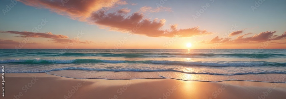 Soft peach sunset fades into turquoise ocean on warm sandy beach at dusk, ocean, sandy beach Soft peach sunset fades into turquoise ocean on warm sandy beach at dusk, ocean, sandy beach