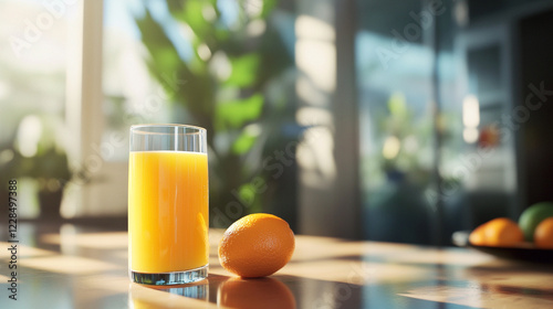 Fresh Glass of Orange Juice on a Sunlit Table with Whole Oranges in a Bright and Airy Kitchen Setting photo