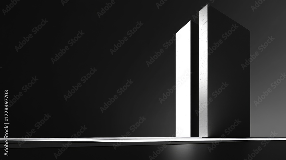 A sleek modern skyscraper in black and white, with striking shadows and light creating a minimalistic composition A sleek modern skyscraper in black and white, with striking shadows and light creating a minimalistic composition