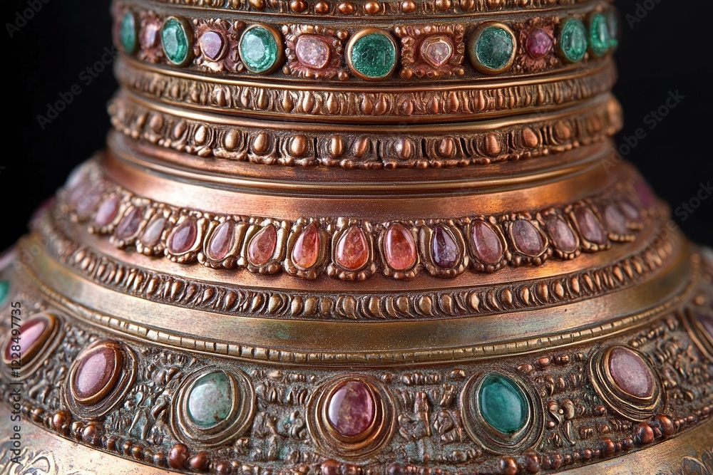 Close-up of antique ornate copper vase with gemstone inlay. Close-up of antique ornate copper vase with gemstone inlay.