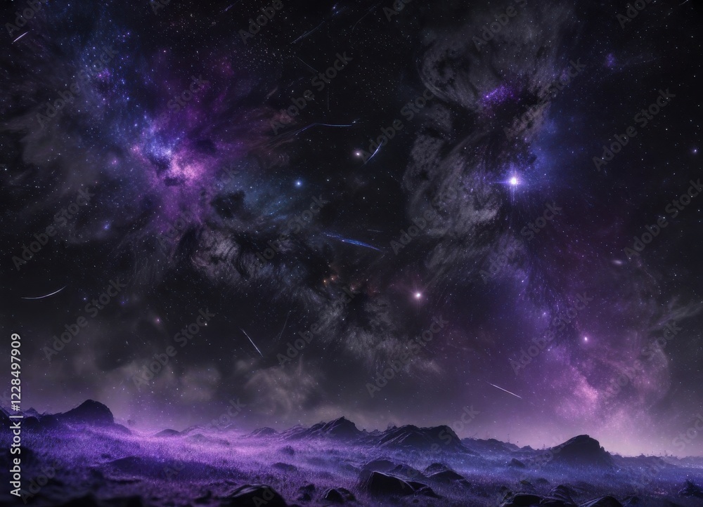 Fototapeta premium Sparkling starfield on inky black background with vibrant hues of indigo and violet, astronomy, night sky