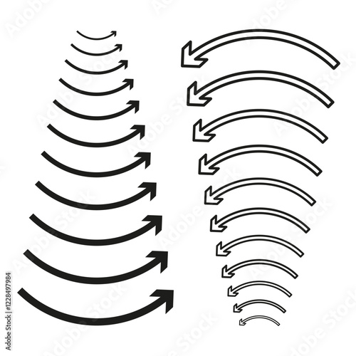 Curved arrow set. Vector direction shape. Simple black outline. Rotational guide icons.