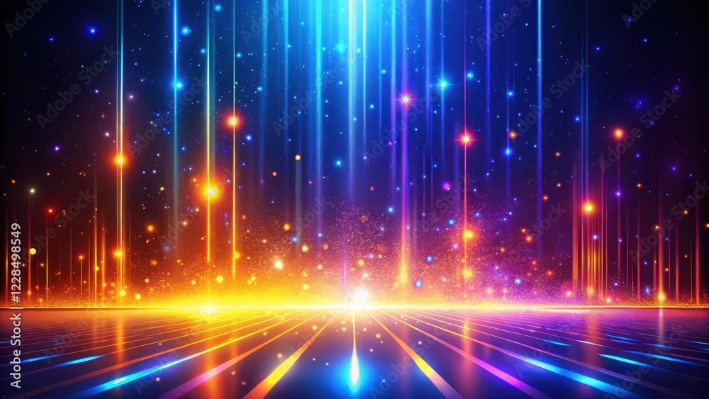 Vibrant Light Beams and Glowing Particles Create a Futuristic, Energetic, and Dynamic Atmosphere on a Reflective Surface Vibrant Light Beams and Glowing Particles Create a Futuristic, Energetic, and Dynamic Atmosphere on a Reflective Surface