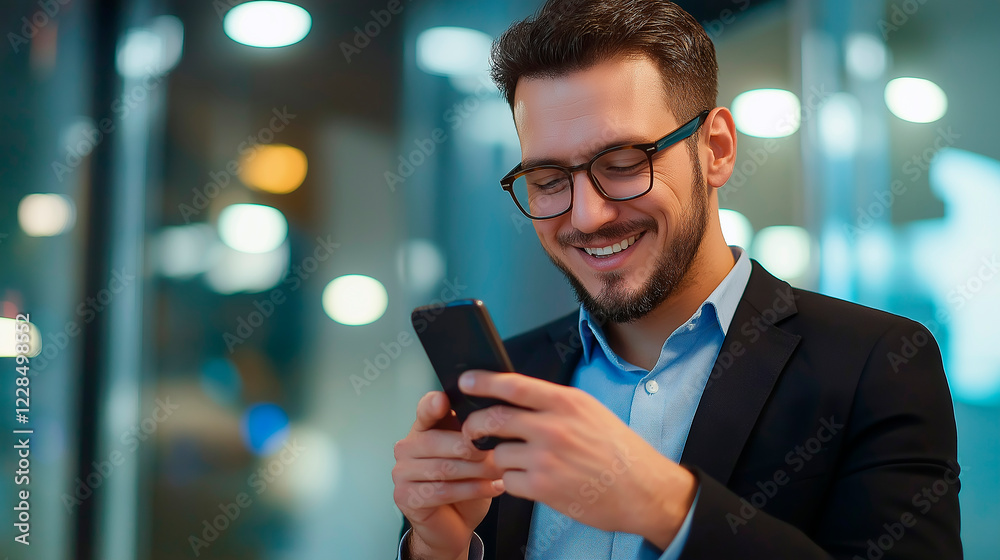 Happy businessman using smartphone in office at night, smiling and reading good news Happy businessman using smartphone in office at night, smiling and reading good news