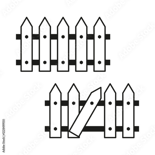 Wooden fence broken. Simple picket design. Damaged plank concept. Vector illustration.