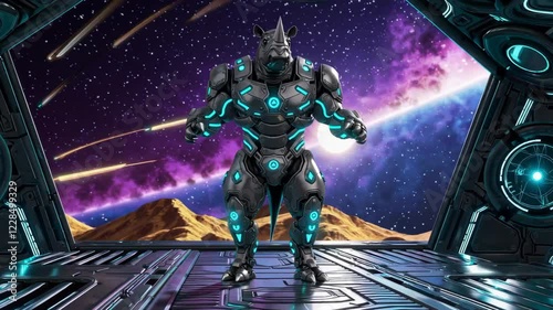 Rhinoceros in futuristic robotic armor standing inside a spaceship as an intergalactic warrior on an alien planet with meteors in the sky


