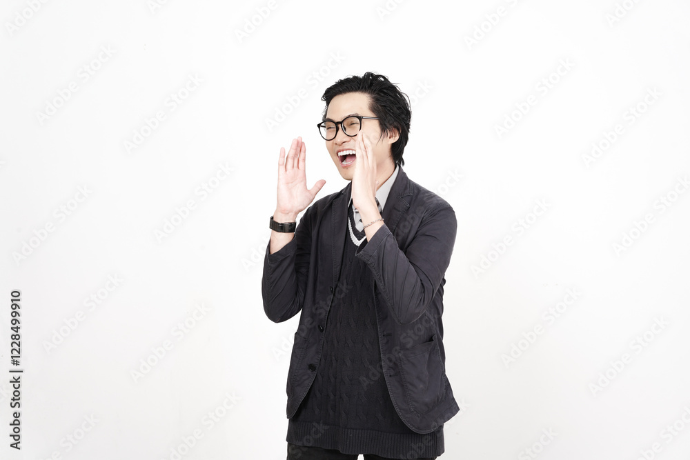 Shouting with Expressive Gesture for to telling something announcement for sale promotion Of Handsome Asian Man Isolated On White Background Shouting with Expressive Gesture for to telling something announcement for sale promotion Of Handsome Asian Man Isolated On White Background