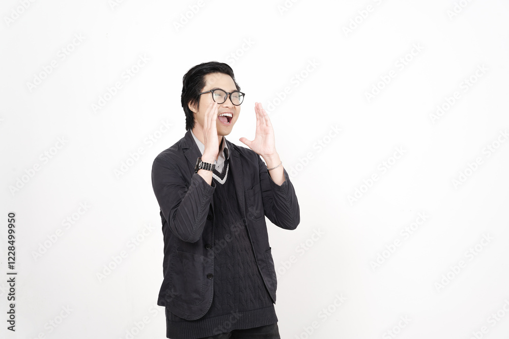 Shouting with Expressive Gesture for to telling something announcement for sale promotion Of Handsome Asian Man Isolated On White Background Shouting with Expressive Gesture for to telling something announcement for sale promotion Of Handsome Asian Man Isolated On White Background