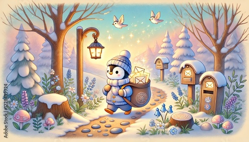 A Tranquil Spring Forest: The Penguin Postman's Whimsical Journey Through Melting Snow and Blooming Flowers