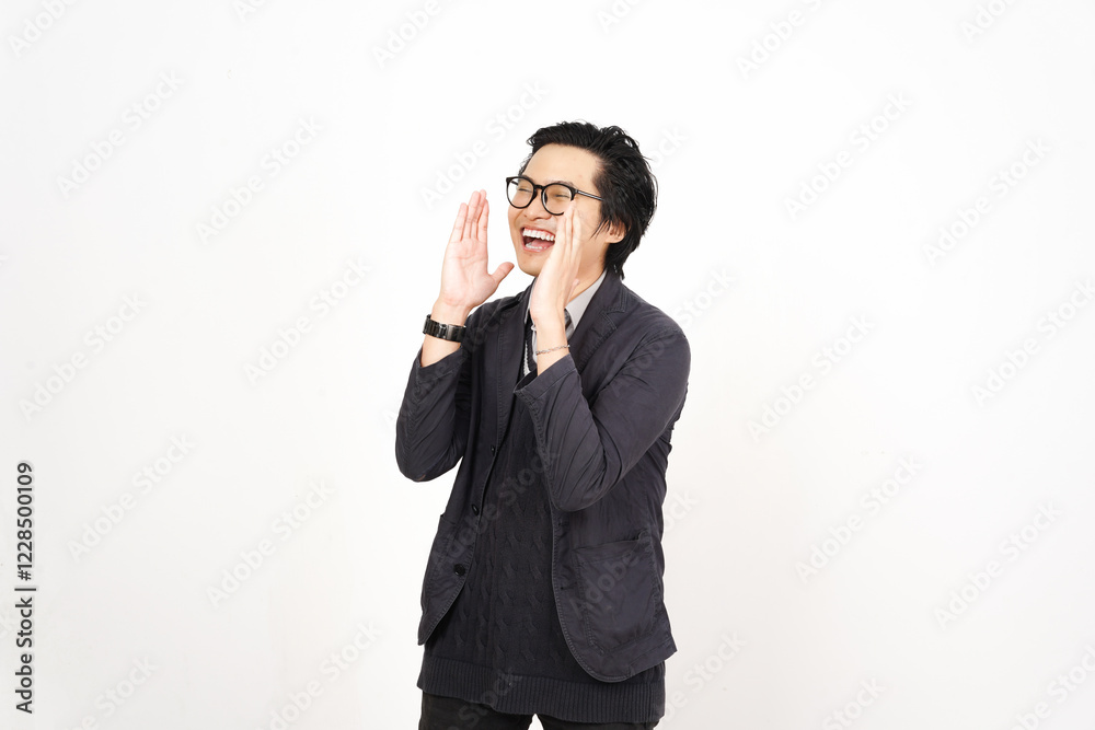 Shouting with Expressive Gesture for to telling something announcement for sale promotion Of Handsome Asian Man Isolated On White Background Shouting with Expressive Gesture for to telling something announcement for sale promotion Of Handsome Asian Man Isolated On White Background