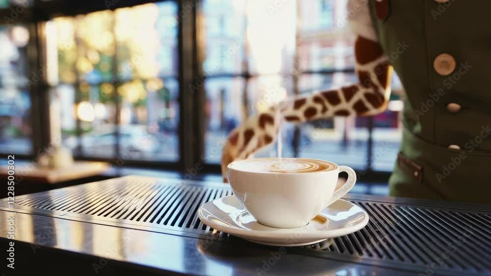 Giraffe dressed as a barista serving a freshly brewed cappuccino in a stylish European coffee shop

