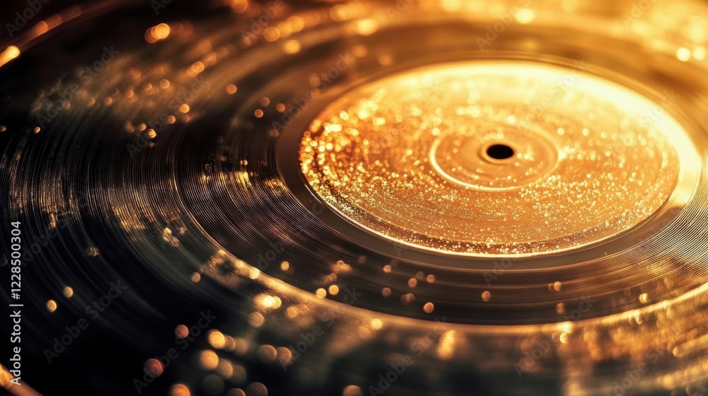 A glossy golden and black vinyl record in closeup, adorning the poster for the Annual Gold Melody Awards ceremony. A glossy golden and black vinyl record in closeup, adorning the poster for the Annual Gold Melody Awards ceremony.